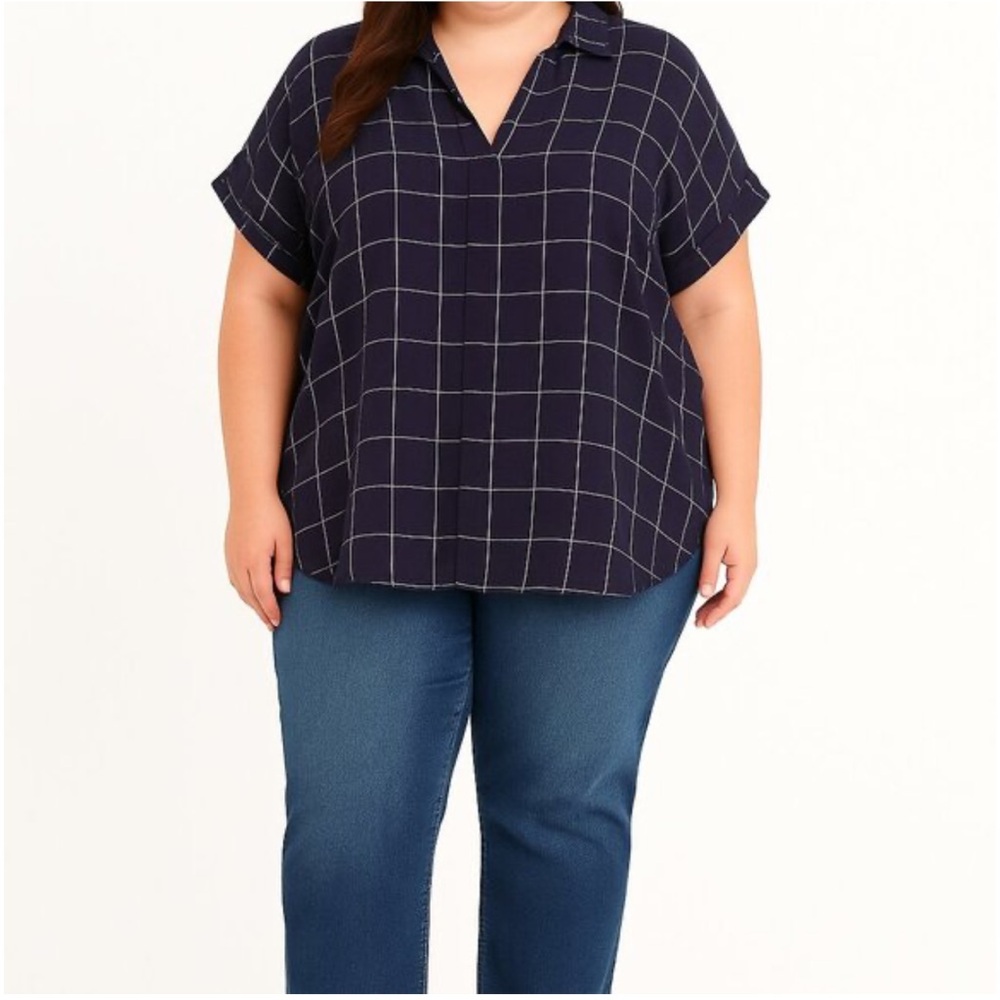 NWT Elie Tahari Linen Top Navy Checkered or Windowpane Plaid Women's Top